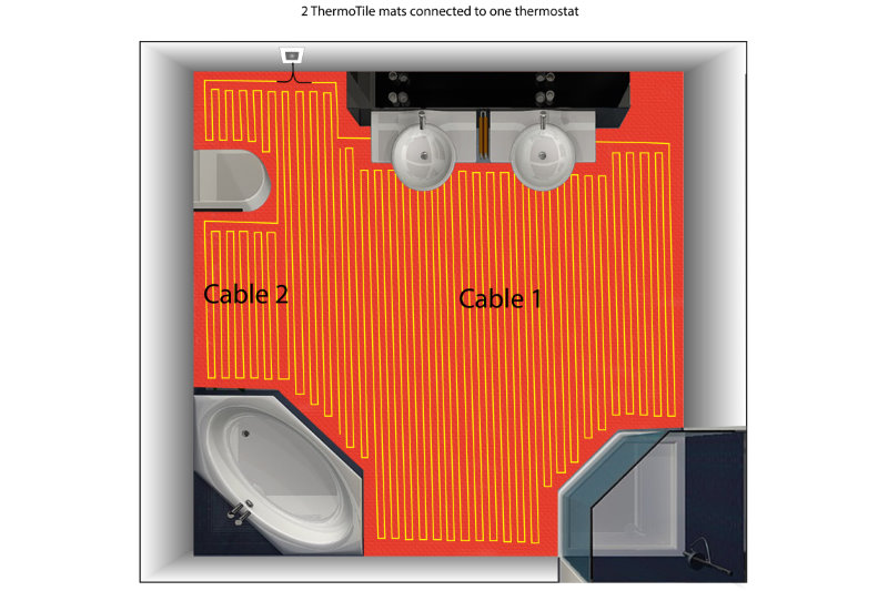 A typical bathroom installation requires Prova membrane laid to fit the entire floor with ThermoTile heating cable spaced evenly between studs, maneuvering around fixtures.