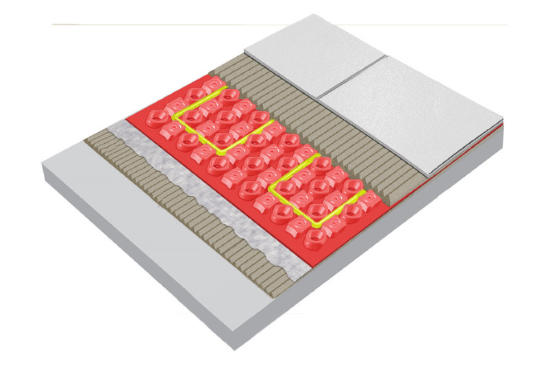 A dissection of a heated floor shows subfloor, thinset, Prova membrane, ThermoTile cable, thinset, and tile.