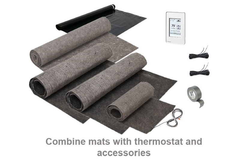 ThermoFloor mats come in 1.5-foot and 3-foot widths, in many different lengths for convenient laying out and complete coverage of square footage.
