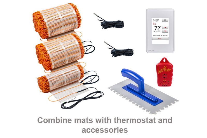 Floor heating with ThermoTile Mats. ThermoTile mats use ThermoSoft’s patented cable technology with antifracture fiberglass mesh to ensure even heat distribution and reinforce the strength of your heated floors